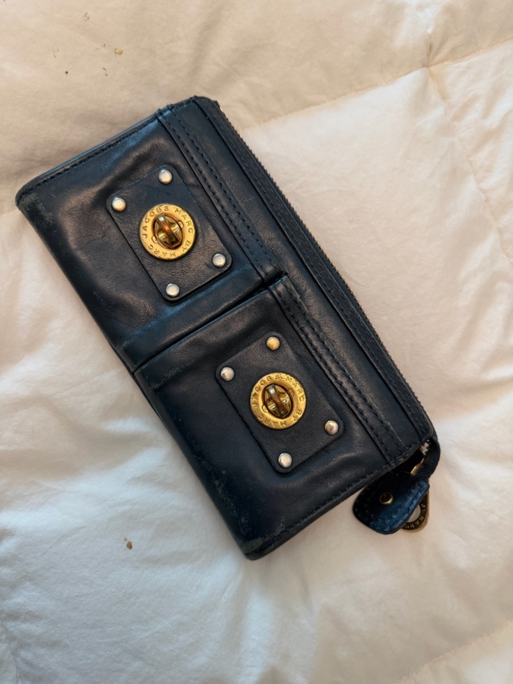 Vintage Marc by Marc Jacobs Blue Leather Zip Wallet with Brass Turnlock Accents